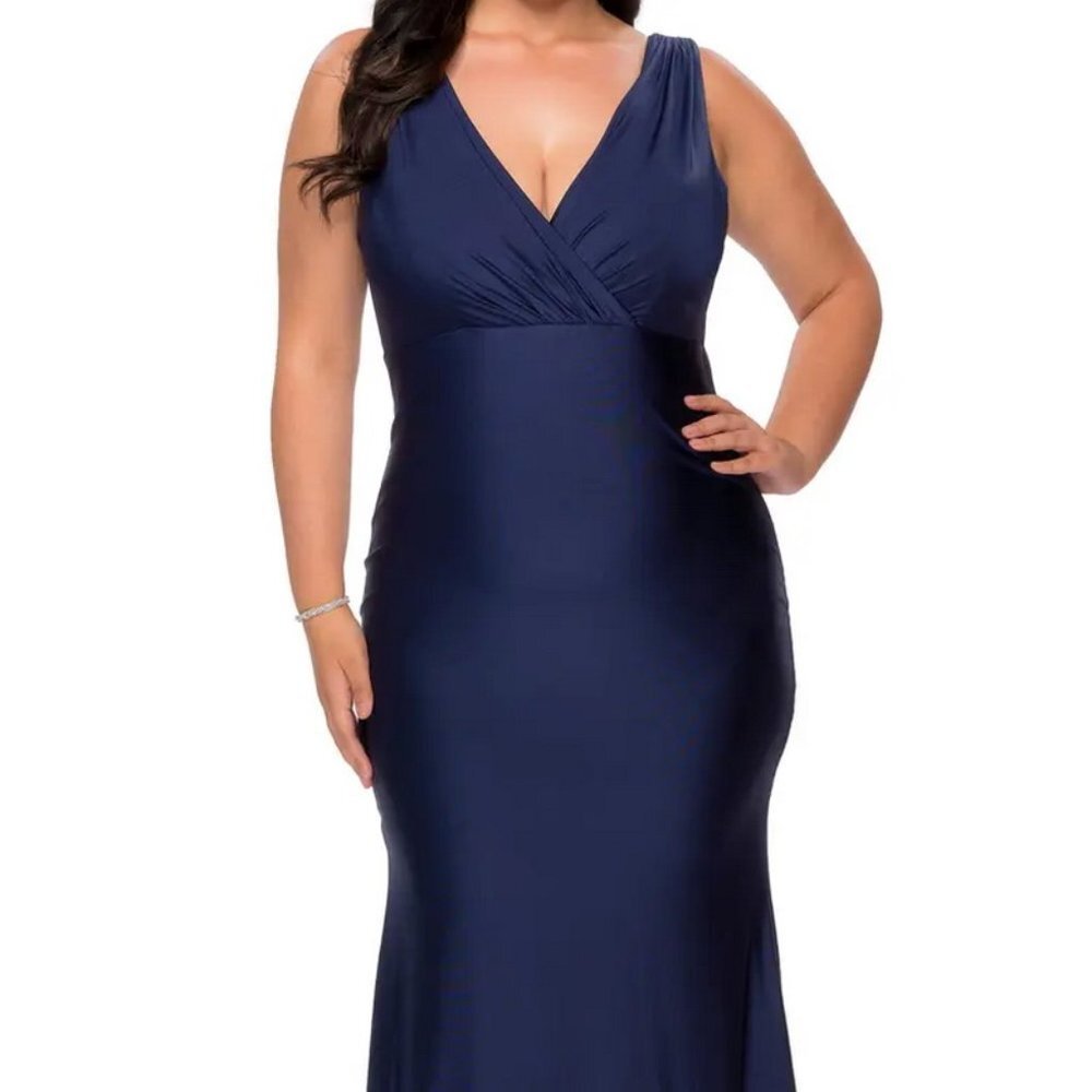 La Femme Navy Blue Simple Jersey Plus Size Gown with Faux Wrap Bodice